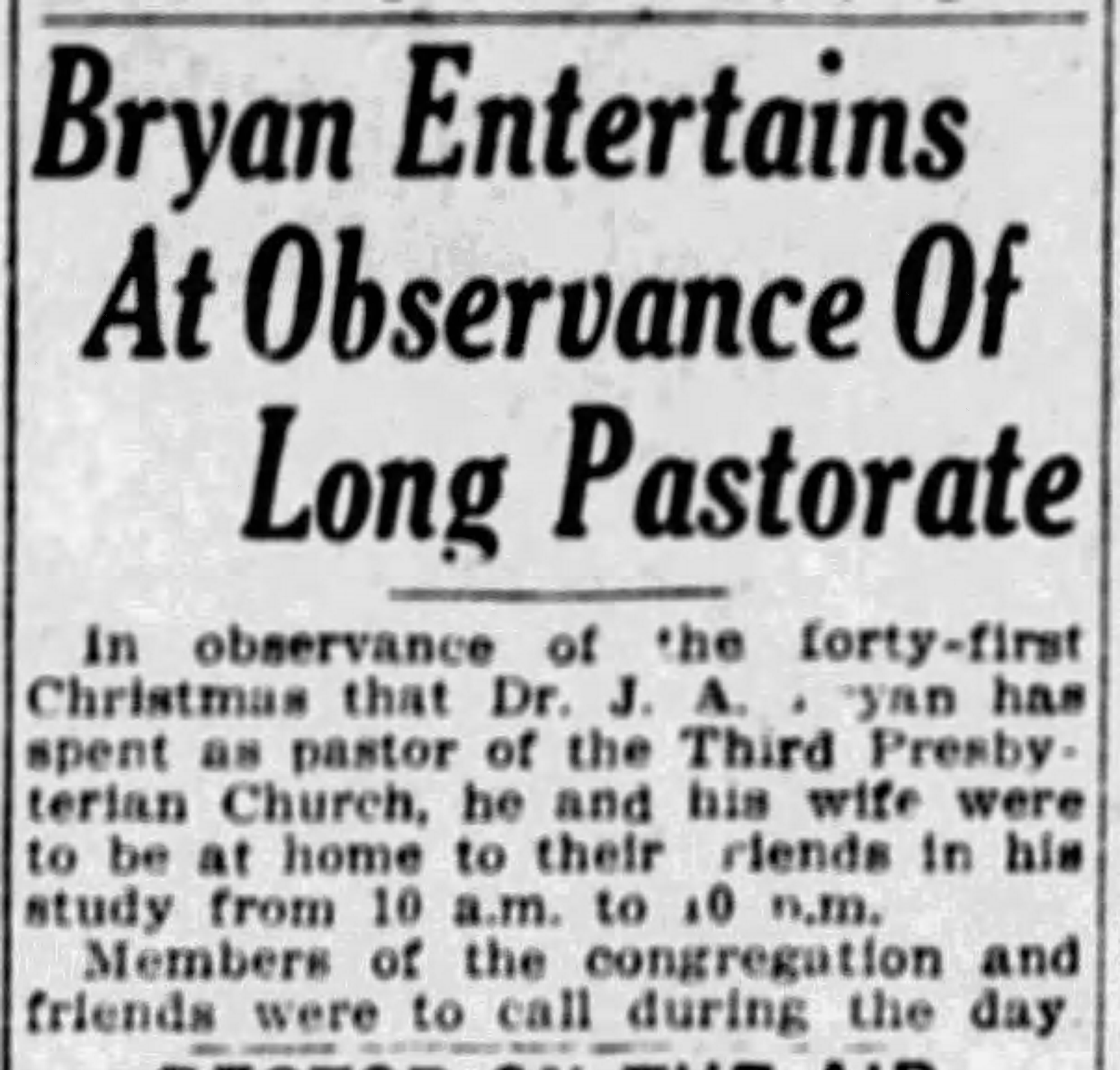 Bryan Entertains At Observance of Long Pastorate